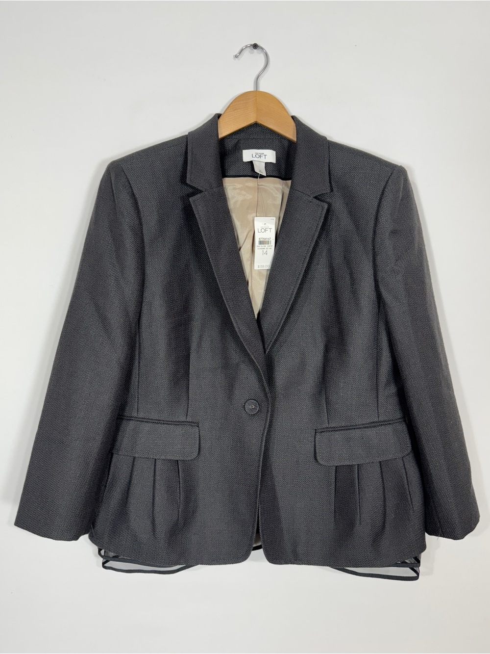 WJT51 {LOFT} Gray Grey Pleated Balloon Hem Mesh Detail Suit Coat Blazer